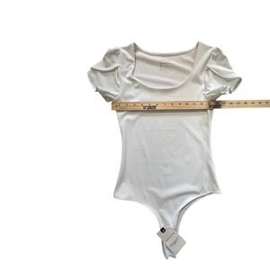 Pinkm Style Bodysuit‎ Puff Sleeve Square Neck Casual Top White Size S